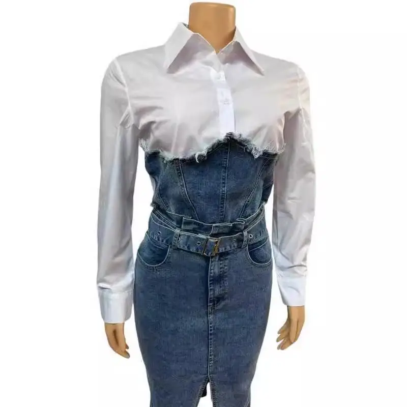 

Patchwork Cowboy Long Sve irt Denim Split Dr Women's Faion Set Autumn 2024 Sle No Brand Registered Trademark