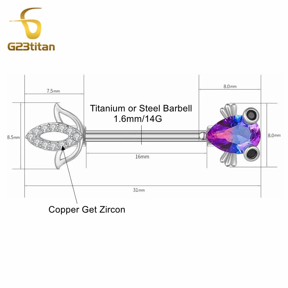 2pcs Blue Zircon Fish Nipple Rings 14G Staight Barbell Hypoallergenic Surgical Titanium Nipple Piercing Jewelry Sexy Ornament