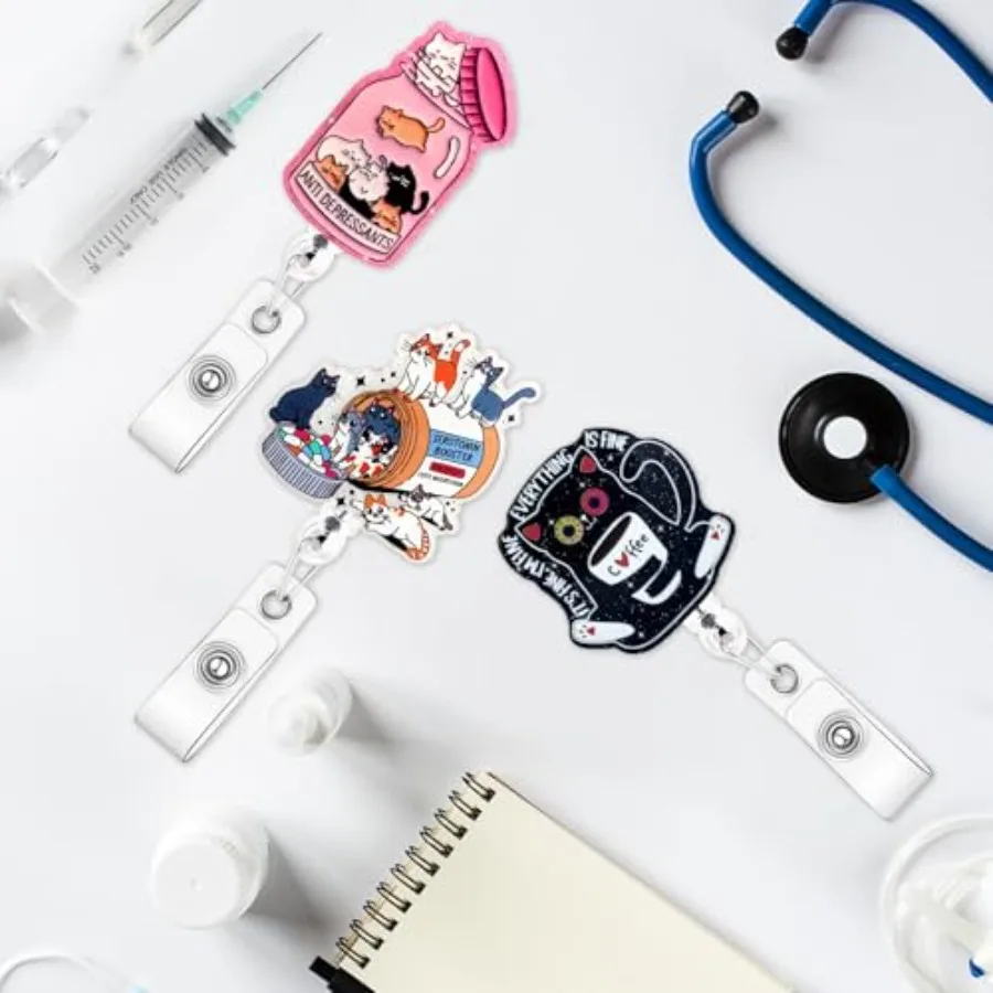 3Pcs Cat Badge Reel Funny Nurse Badge Reel with Retractable Alligator Clip Cute Medical Worker ID Card Holder Accessories for C