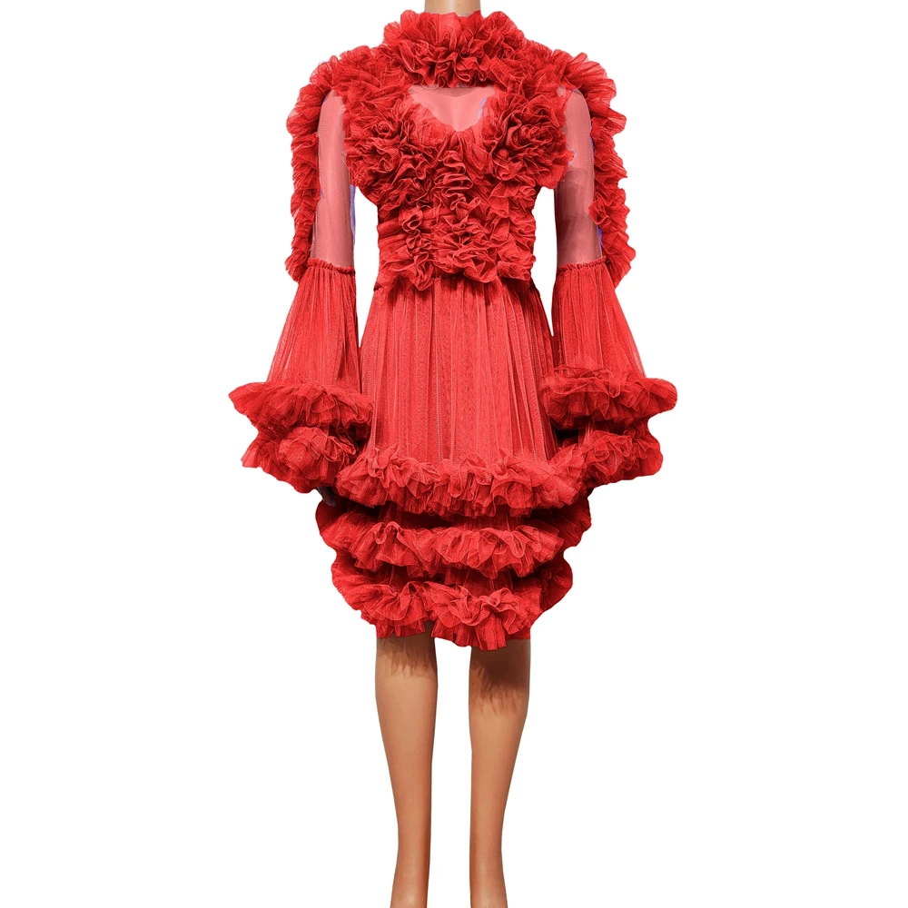 Lovely Fluffy Mesh Dress abito a strati da principessa con maniche a tromba, festa da sera, servizio fotografico, Performance, Costume, abbigliamento da palcoscenico