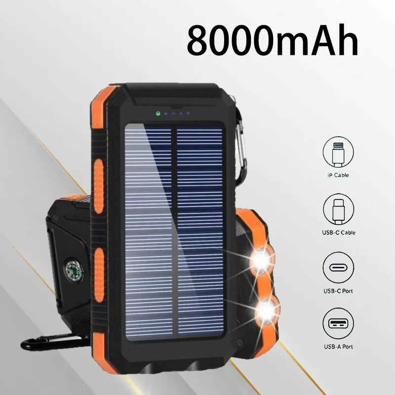 

Portable Solar Power Bank 8000mAh with LED Emergency Light External Battery for Travel Camping Outdoor Emergency Charging Use