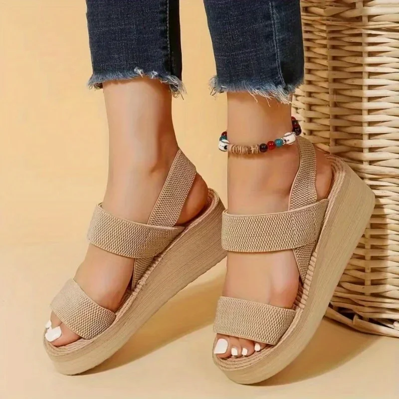 Women's Minimalist Wedge Sandals Open Toe Thick Soled Platform Casual Sandals Ankle Strap Slingback Sandals Solid Color