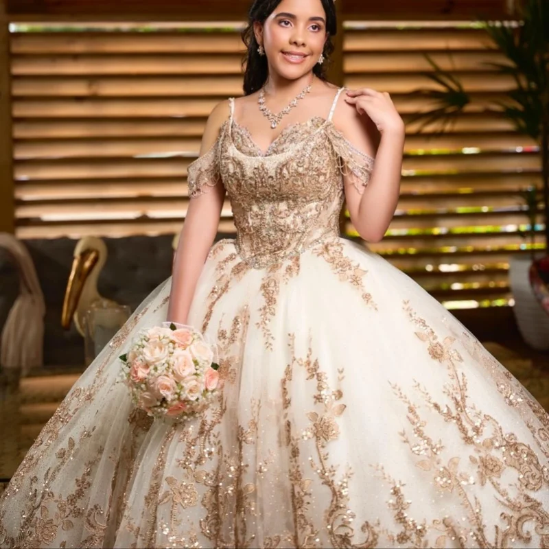 Shiny Champagne Quinceanera Dress off-shoulder crystal glitter decal Long tail vestidos de 15 Quinceanera ﻿Customize