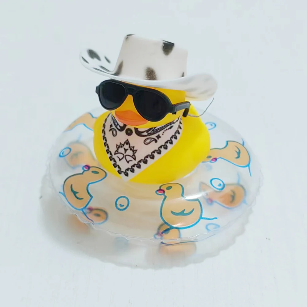 Cool Car Cowboy Duck Office Car Dashboard Decoration with Scarf Mini Swim Ring Cowboy Hat and Sunglasses Rubber Duck Toy Gift