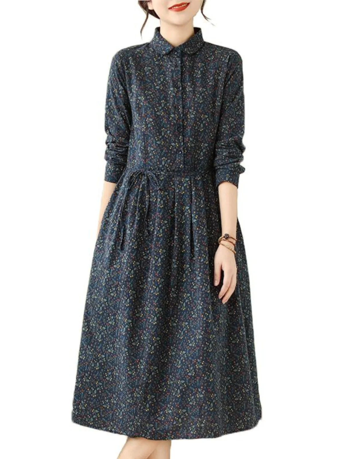 

Plus Size Retro Japanese Sle Faux Fur Doll Collar Dr Women's Mid-Length Print Long Sve Ne Winter Base Layer Dr