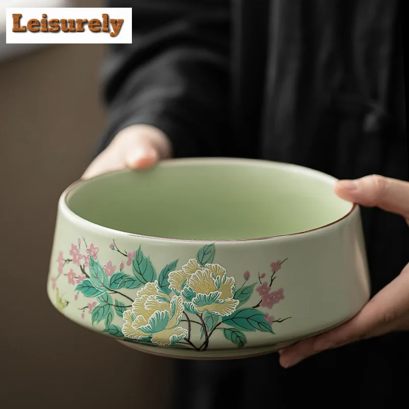 Pea Green Ru Kiln Jianshui Hibiscus Flower Washing Cup Bowl Large Capacity Tea Garbage Can Household Chaxi Cha Supplies Craft