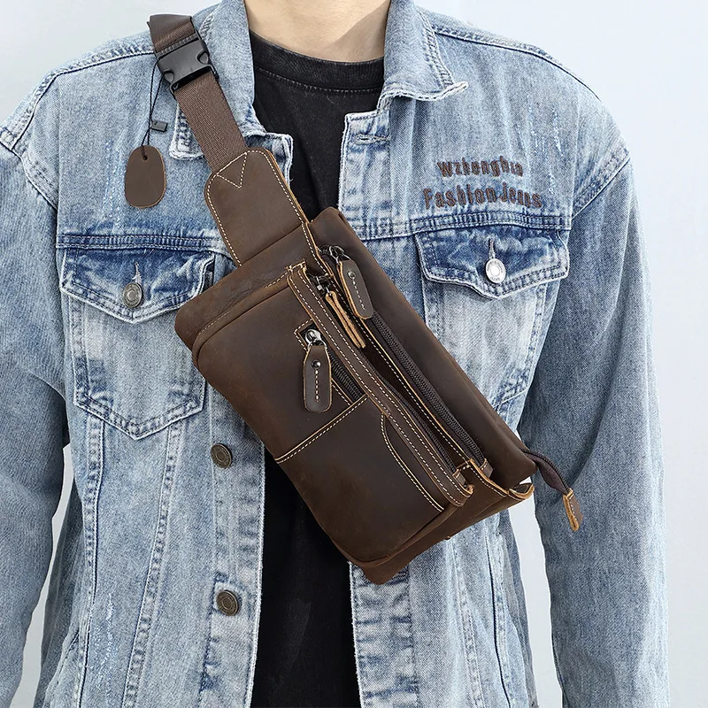 

YL-18X--303 Retro Casual Men's Leather Waist Bag, Outdoor Sports Leather Multi-functional Chest Bag