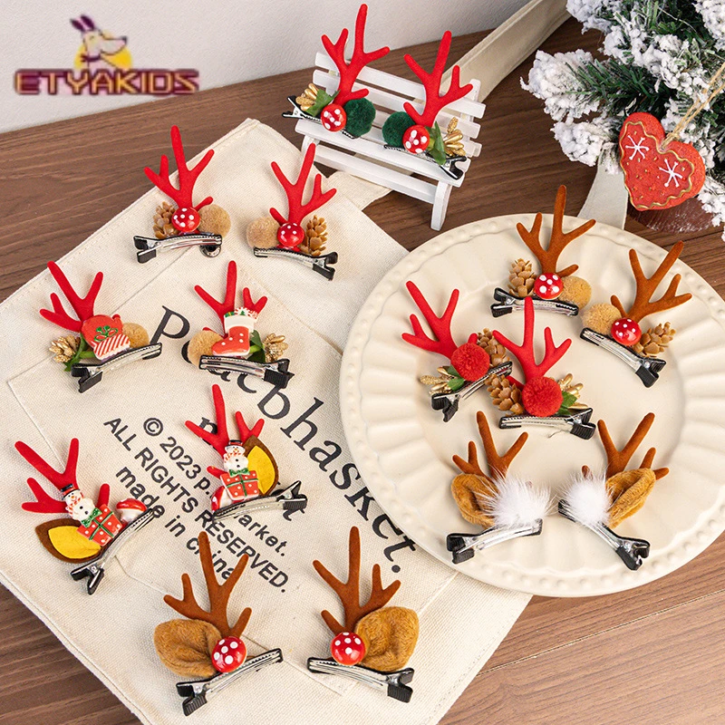 1pair Christmas Headwear New Year Elk Deer New Year Girl Hairpin Navidad Party Hair Clips Accessories Ins Kid Hairband