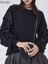 ZANZEA-Sudadera con capucha para mujer, Camisa lisa de manga larga con cuello redondo, Jersey informal holgado, Otoño, 2024