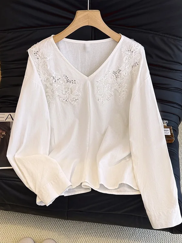 เสื้อปักลายหนัก แขนยาว ทรงโอเวอร์ไซส์ คอวี สไตล์ลำลอง หลวมๆ สำหรับผู้หญิง  คอลเลคชั่นฤดูใบไม้ร่วง ดีไซน์ใหม่ ประดับเลื่อมวิบวับ แฟชั่นพรีเมียมสำหรับผู้หญิง