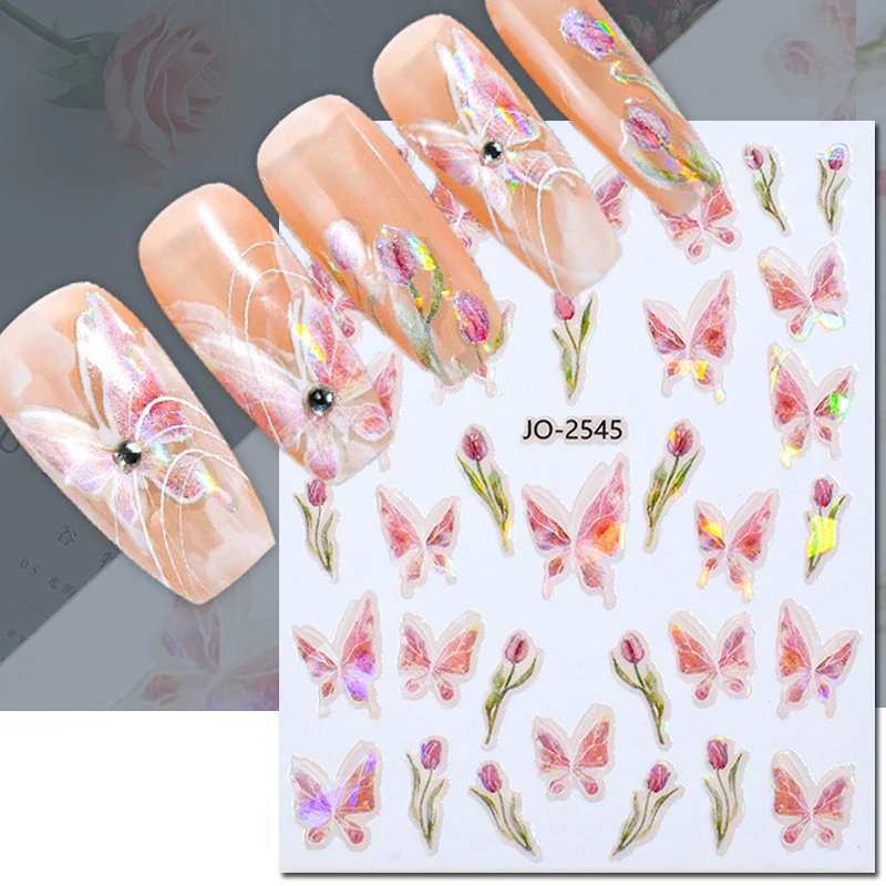 

3d Nail Art Decals Laser Pink Colors Butterflys Tulips Nail Stickers Sliders Decoration For Manicure