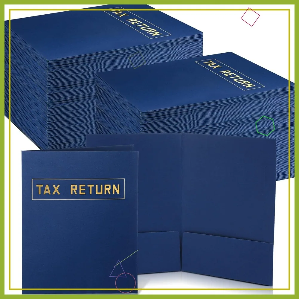 

100 Pcs Tax Return Folders Bulk 9x12 Inch 2 Pocket Gold Foil Stamped for Business Office Personal Customer Organizer Blue