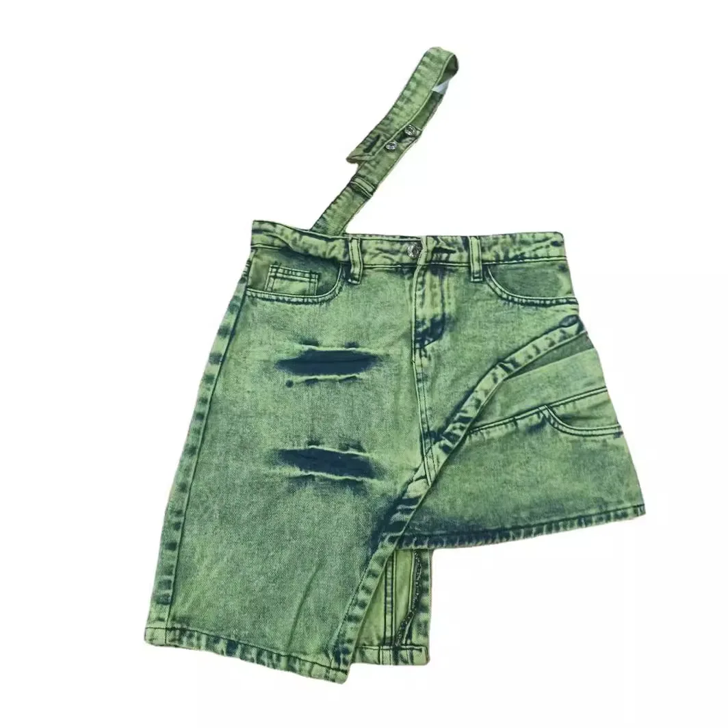 Gonna in denim verde con cinturino singolo di tendenza in Europa e negli Stati Uniti, gonna da donna dal design irregolare