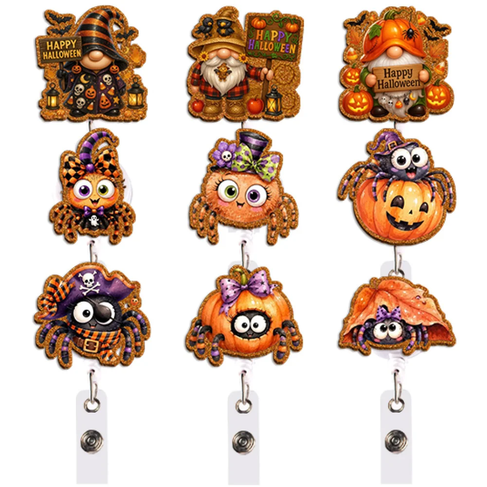 Colorful Halloween Badge Reel Retractable ID Holder Owl Pumpkin Spider Gnome Witch Unique Gift for Fantasy Lovers