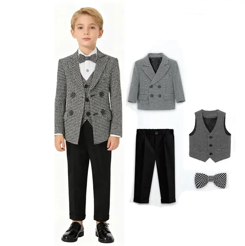 80-150 Boys Houndstooth Spring Photography Suit KIDS Piano Performance Wedding Dress Children Birthday Evening Party Costume
