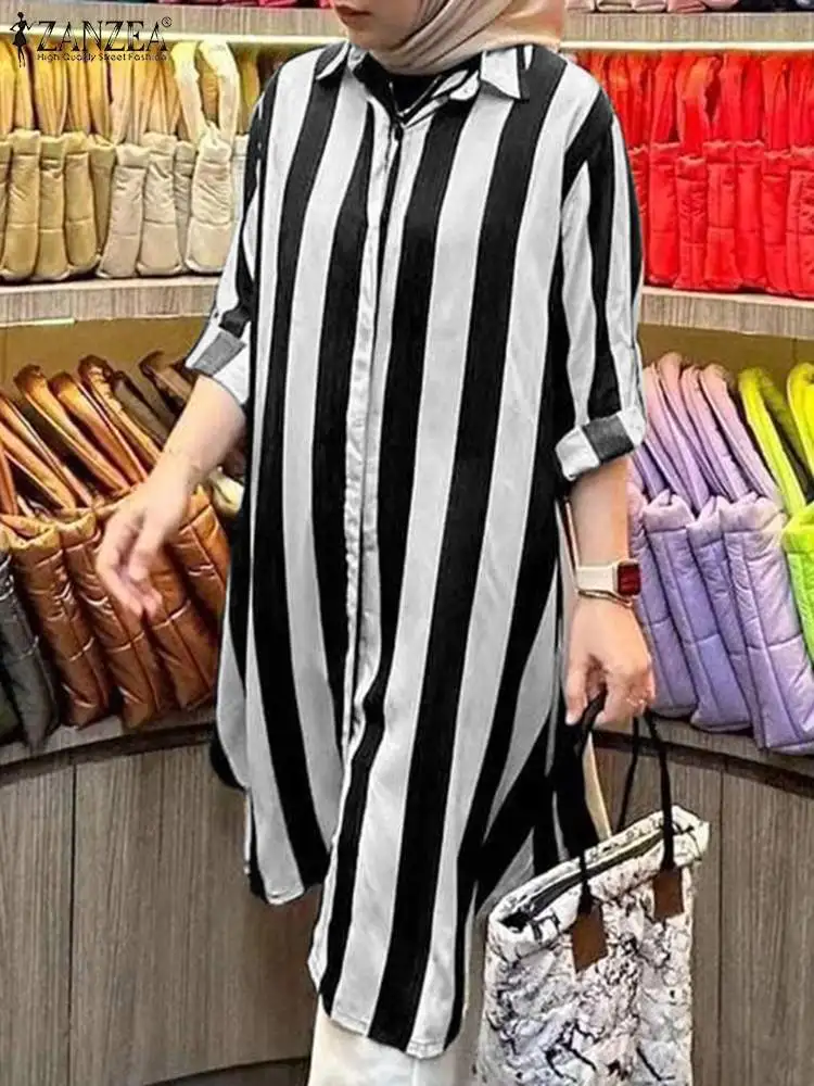 

ZANZEA Long Sleeve Rounded Hem Long Shirts Women Muslim Fashion Leisure Loose Islamic Chemise Autumn Lapel Casual Striped Blouse