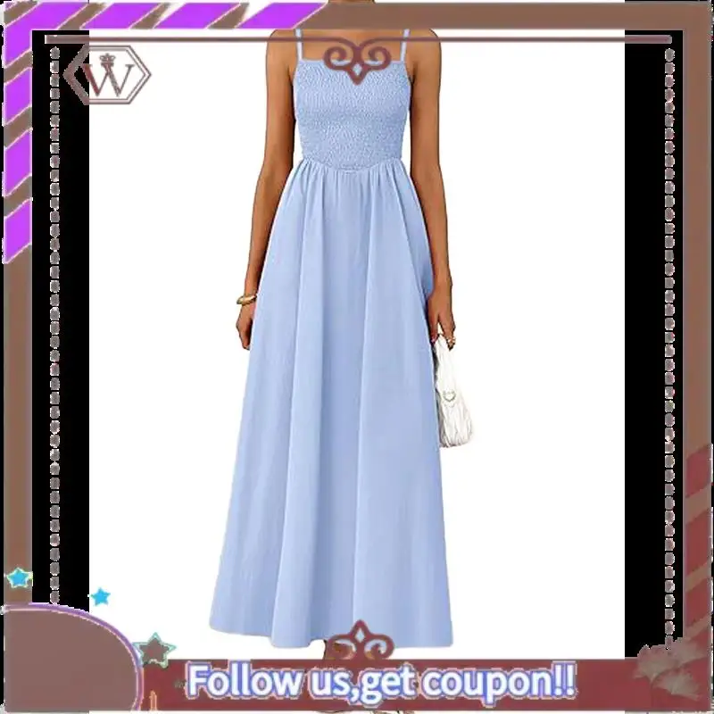 A95D-Vestidos largos de verano para mujer, vestido veraniego para la playa, vestido informal con tirantes finos y vuelo ahumado, vestido largo y fluido