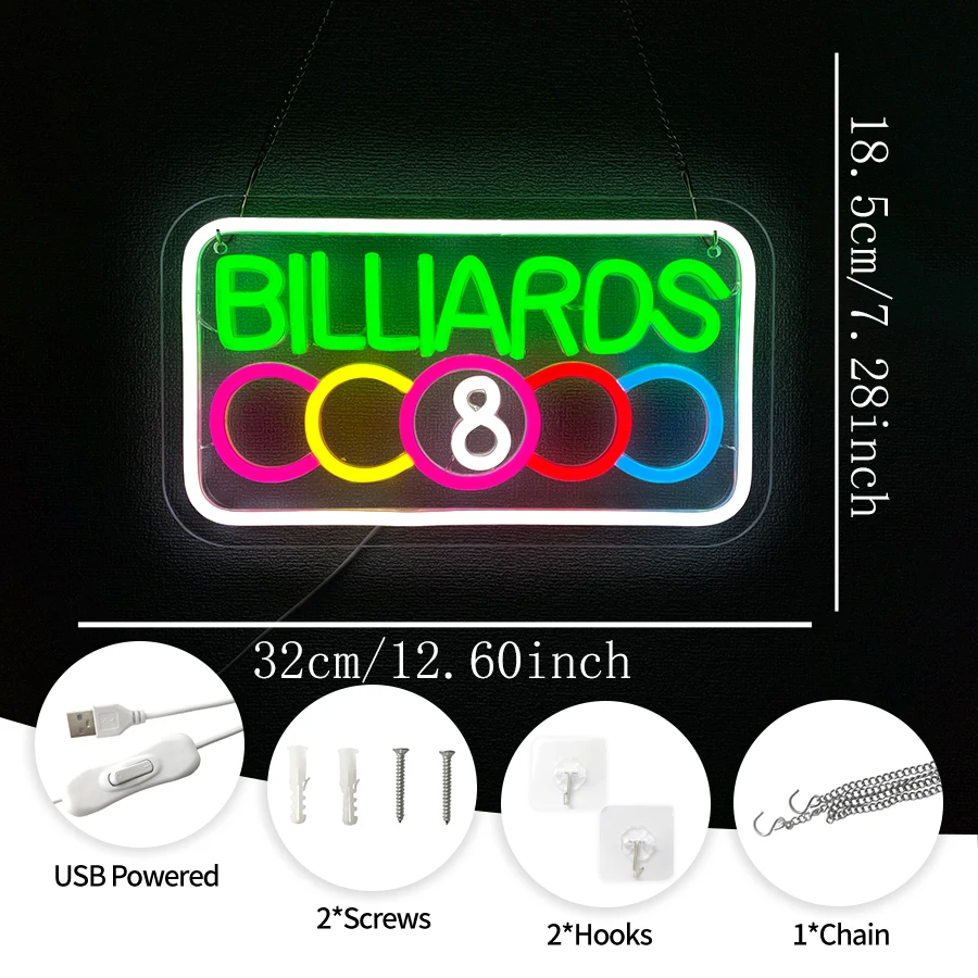 Billiards Led Neon Sign, Used For Bedroom, Billiards Club, Game Room, Bar, Party Decor, Billiards Lovers' Gifts, Usb Powered.