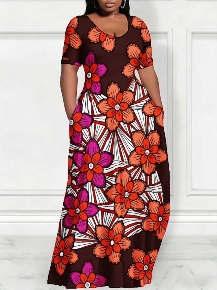 

Женское макси-платье больших размеров 2026 года, летнее, с африканским цветочным принтом, с коротким рукавом, повседневное, с карманами, длинное, свободного кроя, в стиле Анкара