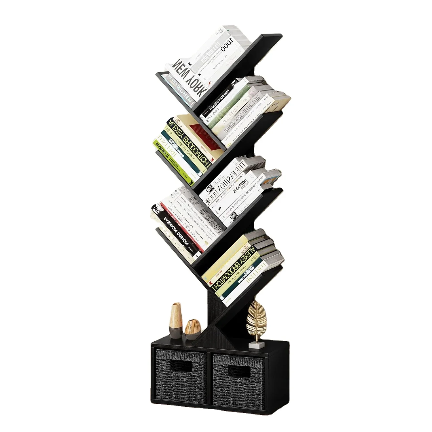 

6 Tier Tree Bookshelf - Modern Shelf Floor Standing Bookcase with Baskets Tree Utility Book Organizer Shelves for Living Room