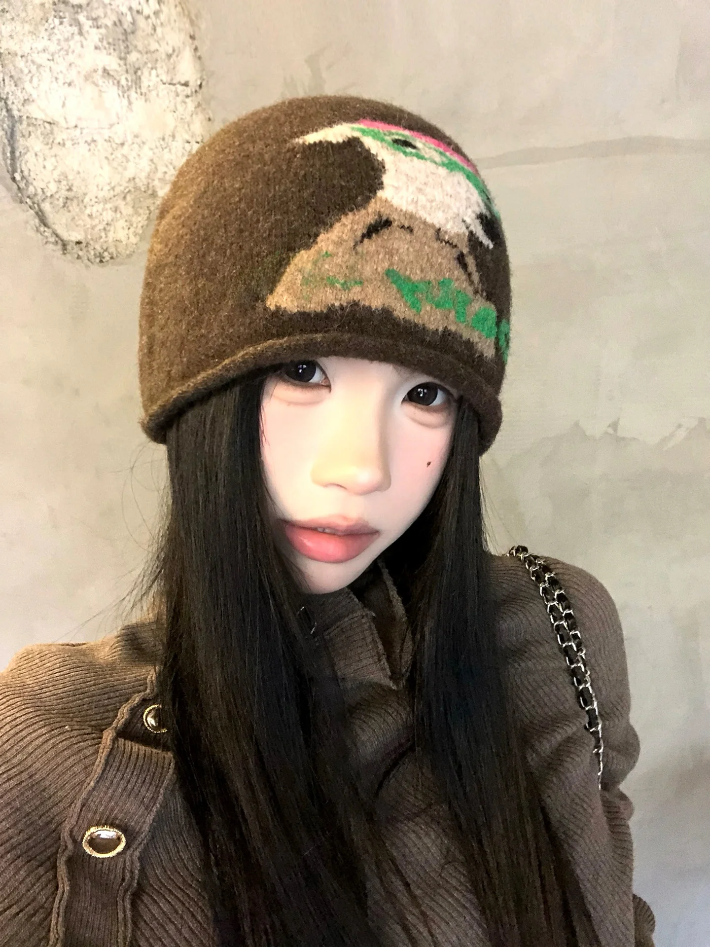 Cute Cartoon Dog Ear Warmer Knitted Woolen Hat Women's Large Head Size Lazy Style Autumn New Style Casual round Top Cap