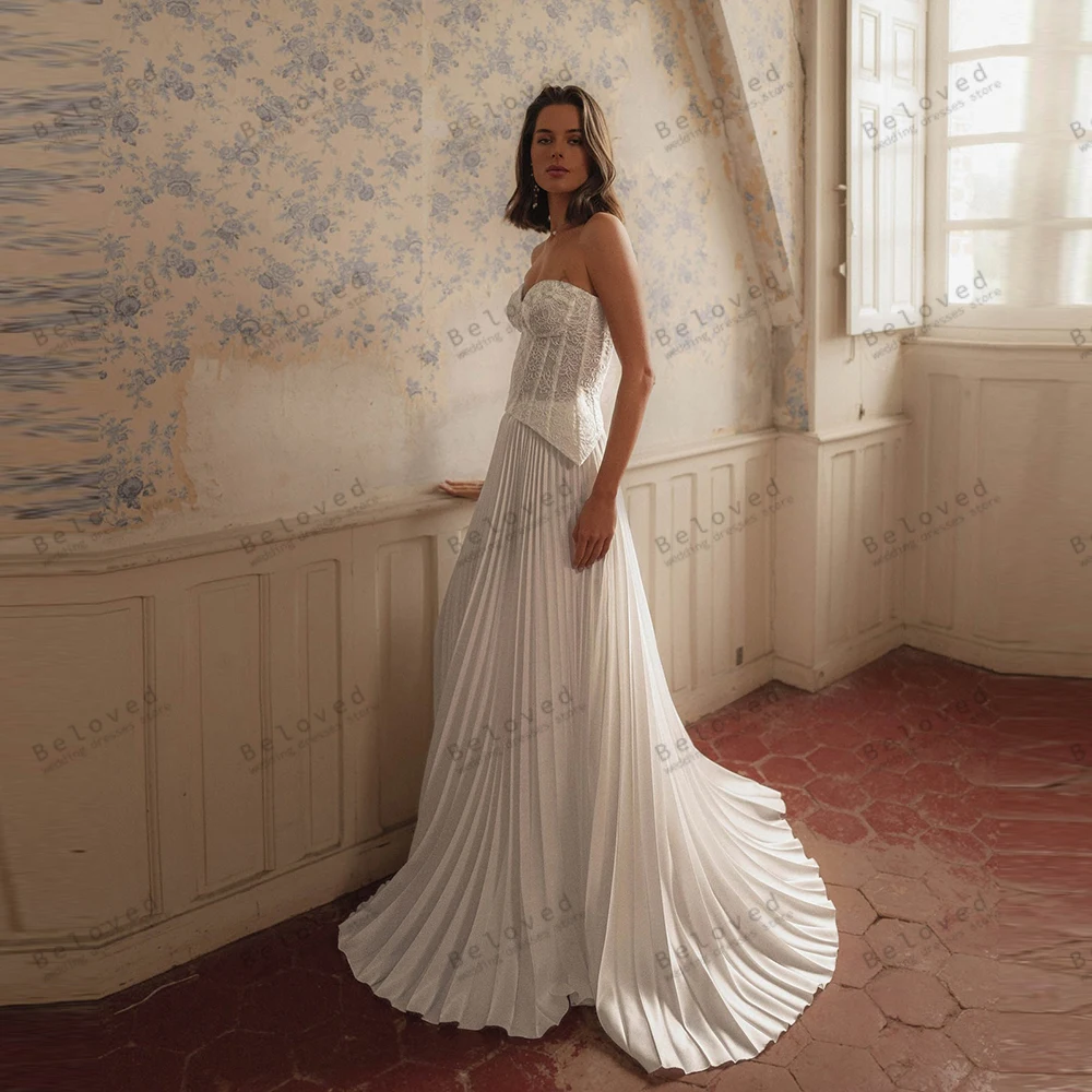 wedding dress with beaded top Tube Off-Shoulder Beach Bride Gowns Pleated Mermaid Boho We – SQOSA Women's Clothing Size:US 12 (L) WINTER25 Ashley Stewart Women's Plus length gown that combines