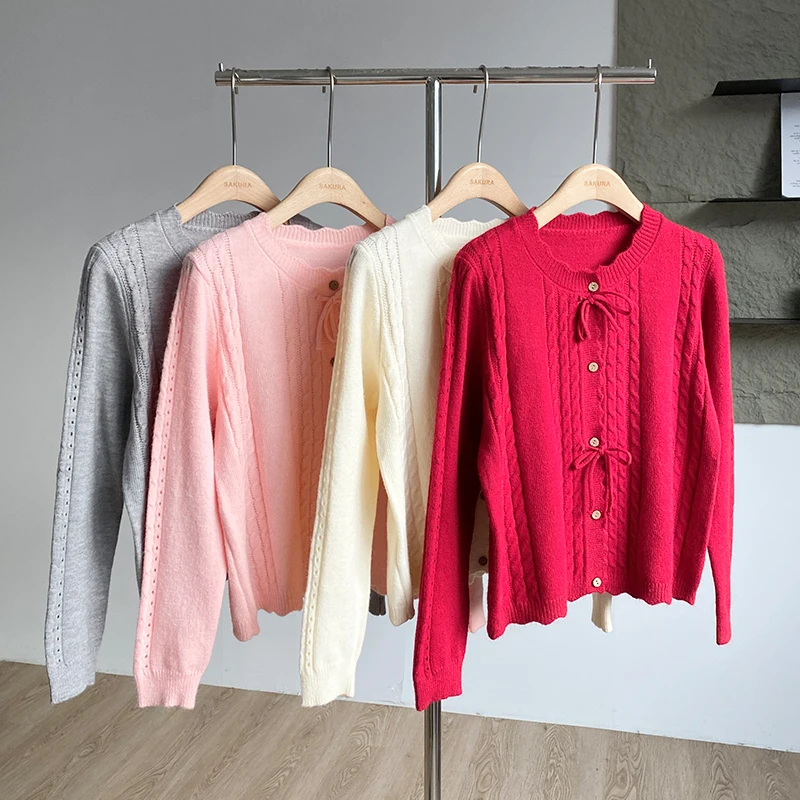 Cárdigan de punto coreano con agradable arco para mujer, suéter suave de manga larga de Color sólido a la moda, Tops informales sueltos suaves de otoño 2025