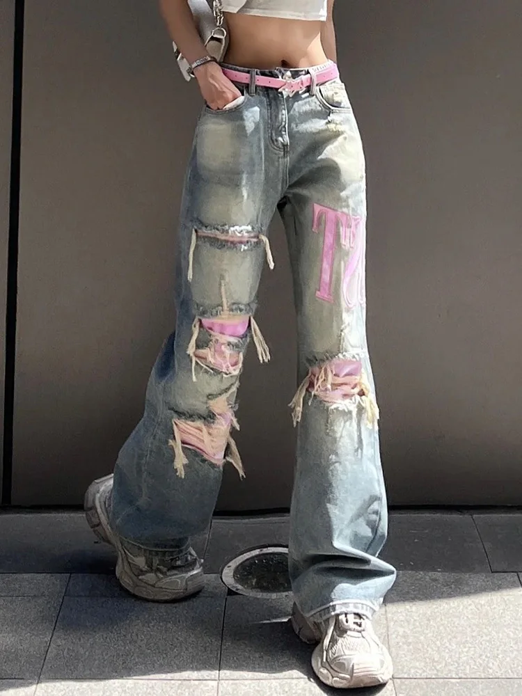 Vintage Blue Ripped Baggy Jeans Women Denim Trousers 2000s High Waist Y2k Streetwear Female Punk Wide Leg Pants Female Clothes