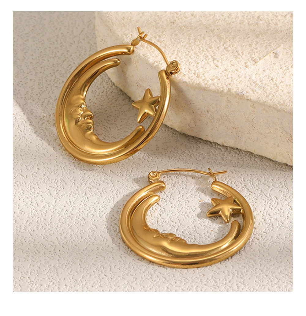 MamacitaSlay Einzigartige 316L Edelstahl Mond-Stern-Creolen, 18K vergoldet, wasserdichter Schmuck für Damen, Alltagskleidung, Geschenk – Detail 6