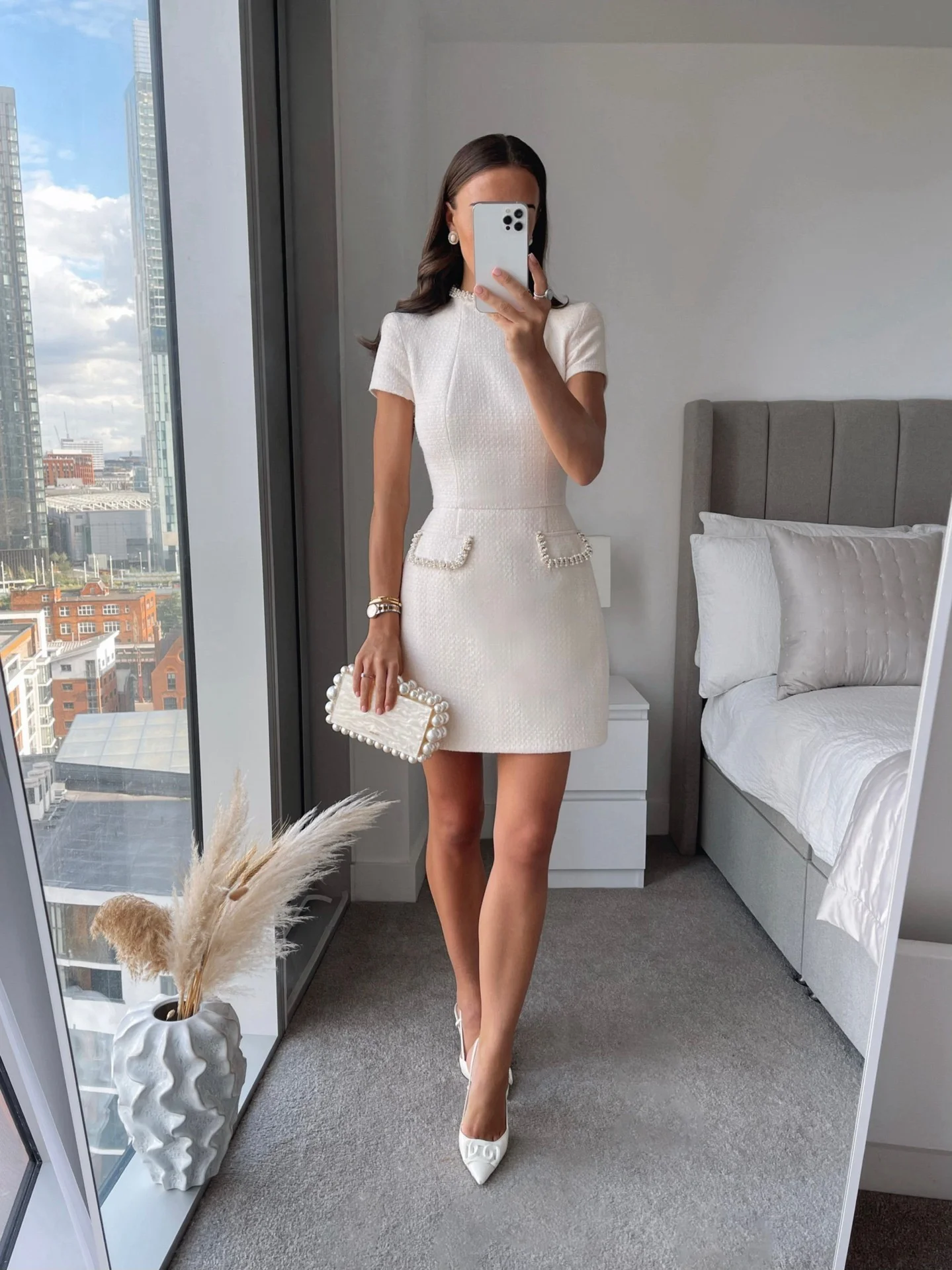 Biała elegancka tweedowa krótka sukienka A-line Mini Curvy Dresses Luxury Shoulder Pad New Black Evening Gowns Party Birthday 2025 Summer