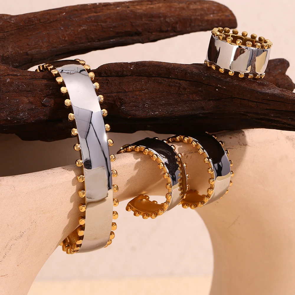 MamacitaSlay Double-Sided Beads Hoops earrings gold plated silver Color Cuff Bracelet Earrings Stainless steel jewelry woman