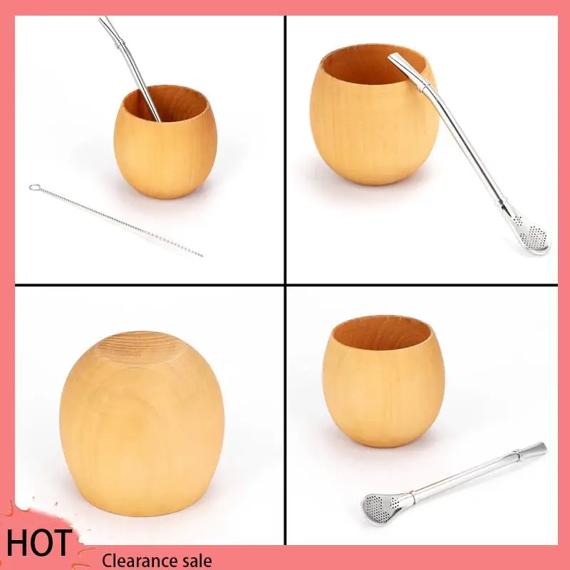 

A88Z 3X Wooden Yerba Gourd Mate Tea Set Natural Wood Coffee Water Mate Cup With Spoon Straw Bombilla Brush 200ML(Light)