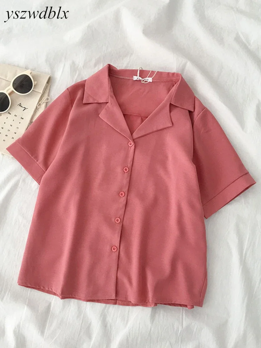 YSZWDBLX-Chemise à Manches Courtes en Mousseline de Soie pour Femme, Blouse Décontractée, Couleur Unie, Col Rabattu, Style Coréen, Blanc, Rose, Été,