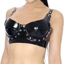Black Sexy Latex Bras With Rivets And Belts At Back D Ring Rubber Lingerie Brassieres Top 0049