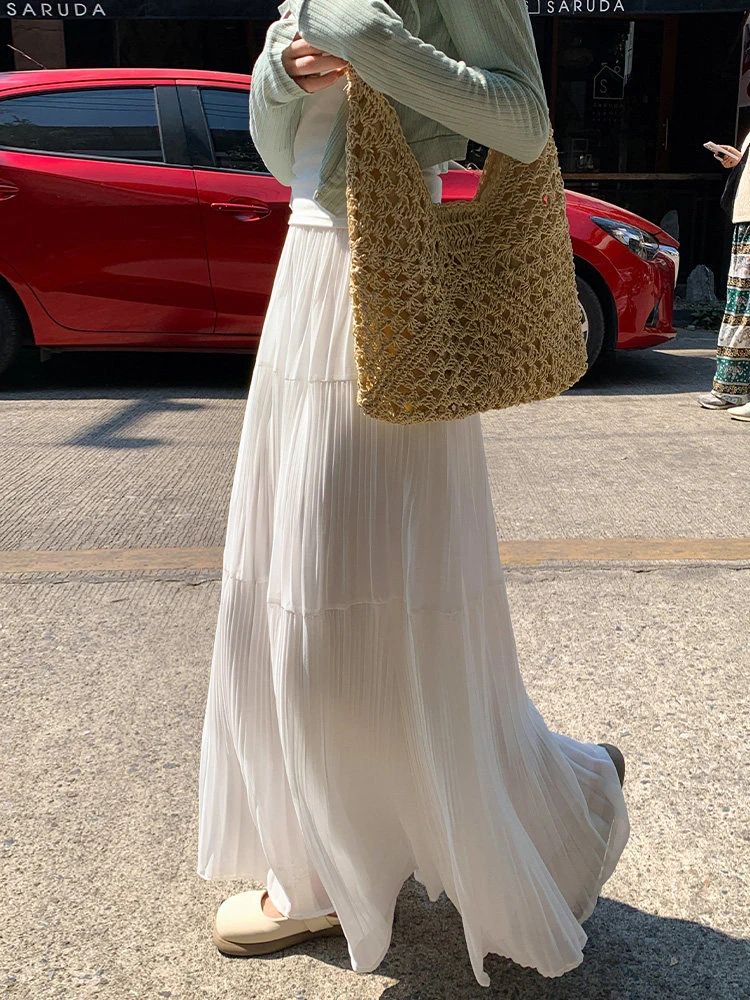 Elegant White Chiffon Half Skirt Women's Summer Pleated A-Line Gown Skirt Draped Style Cake Skirt High Waist Straight Cut