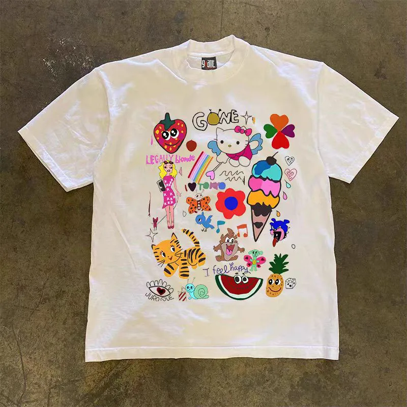 New Hello Kitty Summer with Short Sleeves Couple Model for Men and Women Y2K Pure Cotton Fabric T-Shirt Kitten with A Headdress