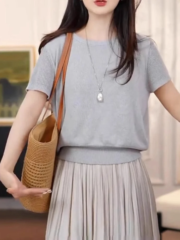 بلوزة صيفية أنيقة وعصرية بياقة مستديرة وأكمام قصيرة من الحرير الصناعي المحبوك على الطراز الكوري #5