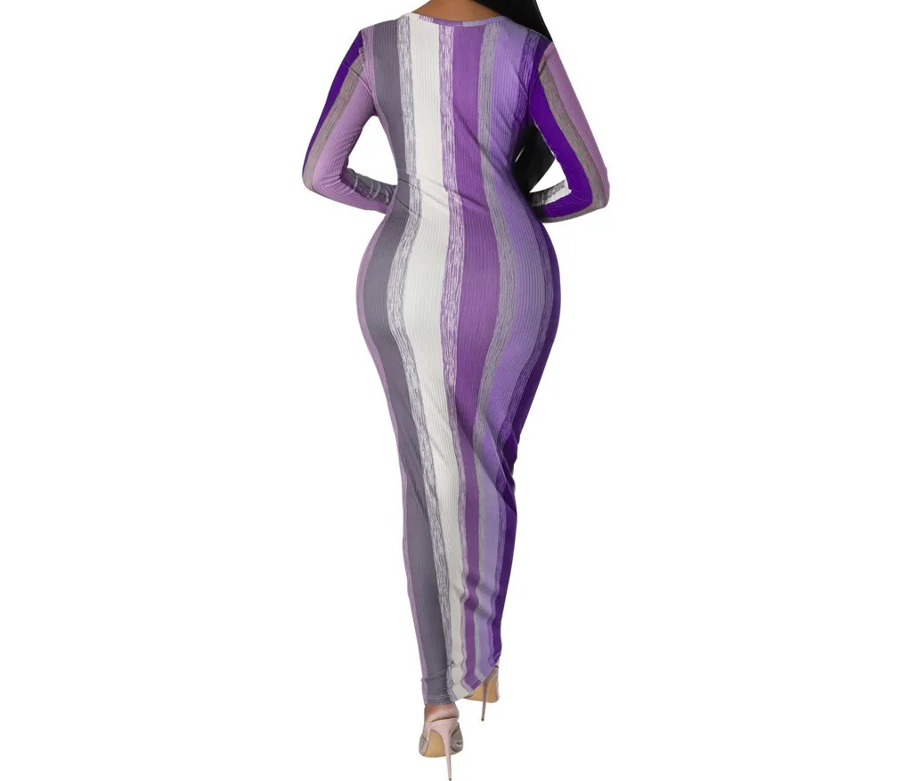 Damen Gestreiftes Geripptes Bodycon Maxikleid Langarm Rundhalsausschnitt Figurbetont Buntes Lässiges Partykleid – Detail 4