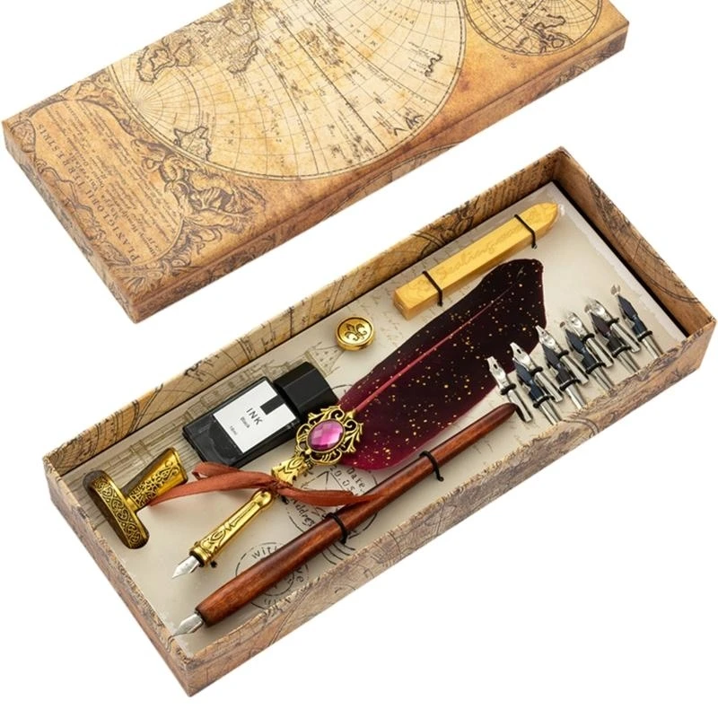 

Набор ретро-ручек, плоские круглые сменные наконечники, деревянные/перьевые стержни, подарочный набор ручек