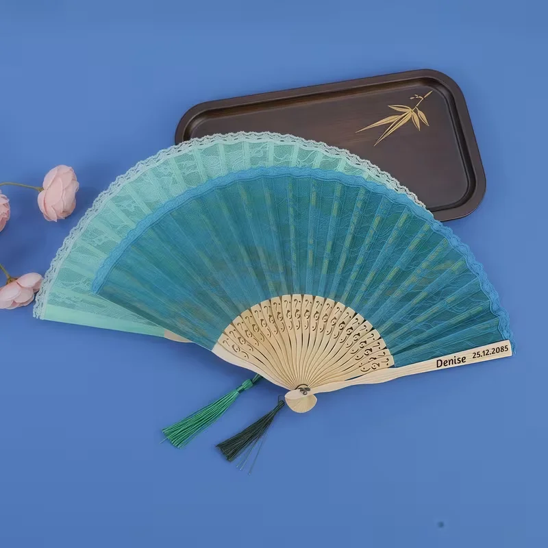 Personalized Custom Logo and Text, Laser-Engraved Names and Dates Are Possible, Suitable for Weddings, Parties, Banquets, Vintage Lace Folding Fans, Lace-Edged Women's Fans, Summer Orchid Fans, Dance Performances, Photography Props, and Photo Shoots