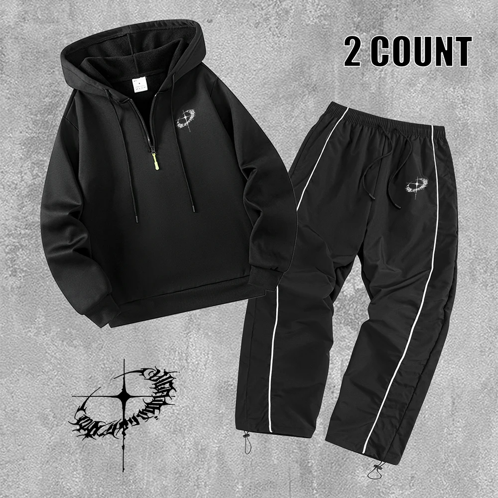Conjunto de dos piezas para hombre con estampado de estrellas, sudadera con capucha de media cremallera y pantalones con cordón, ideal para fitness, otoño y uso casual.