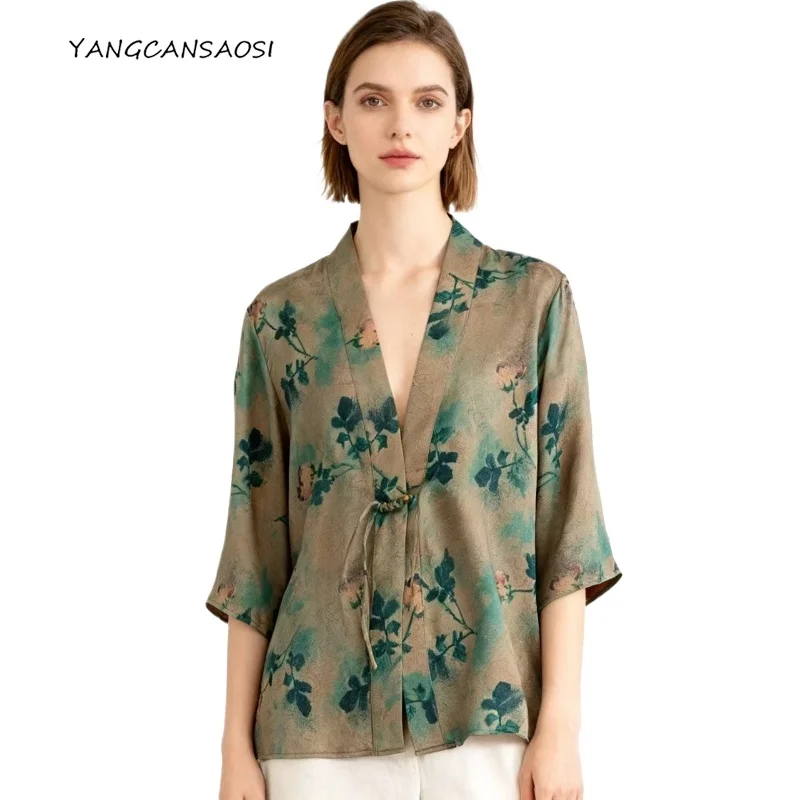 

Women's Fashion Clothing 100% Natural Mulberry Silk Gambiered Guangdong Gauze Mid Sleeve New Chinese Cardigan Sunscreen Jacket