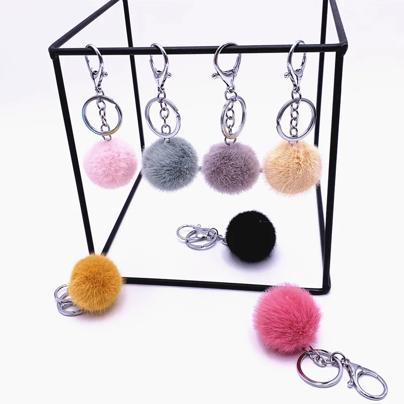 New Women Fur Key chain Pom Pom Candy Color Cute Car Key Ring Creative Small Gift Plush Car Key Chain Cartoon Accessories K3163 - Detail 1