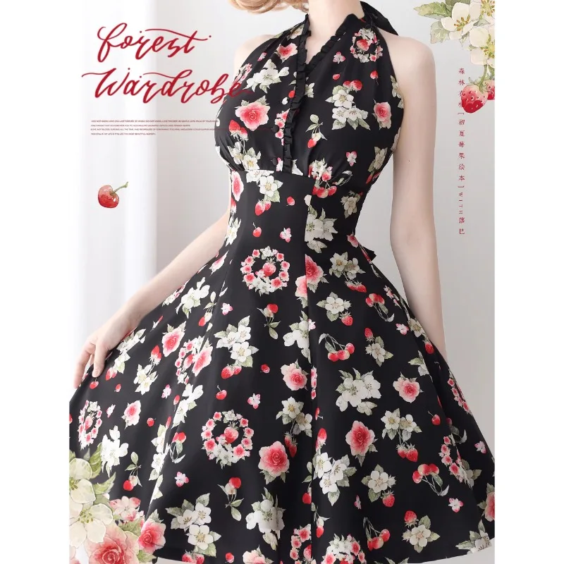 Japanese Lolita Style Summer New Retro Elegant Classic Dress Rojita Floral Hanging Neck Knee-Length Slim Fit Vestidos De Mujer