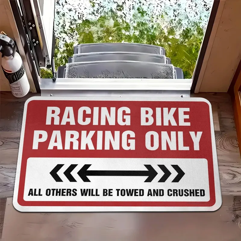 Racing Bike Parking Only Text Doormat, Sporty Warning Slogan Non-Slip Rug, Durable Washable Welcome Mat for Entryway and Garage