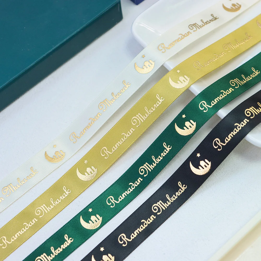 16mm 25mm Gold Foil Eid Mubarak Ramadan Mubarak Printed Satin Ribbon For Muslim Ramadan Festival Al-Fitr Party Decoration