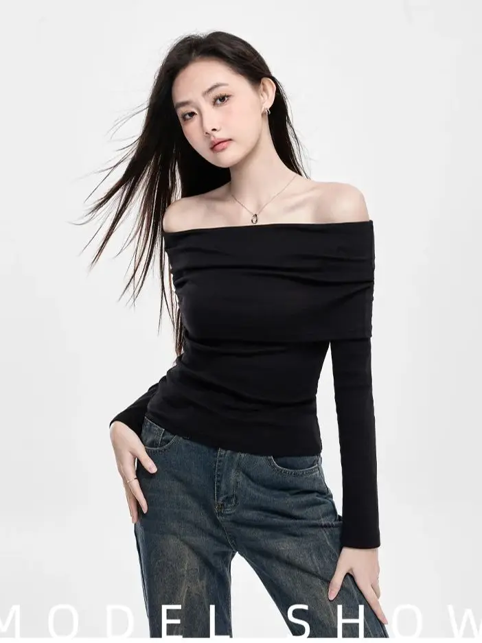 One-shoulder Black Strapless Bottom Women Autumn Long Sleeve Knitted Thread Slim Slim Top Simple Sexy