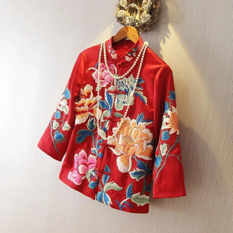 Chinese Style Tang Suit Jacket Spring and Summer National Style Embroidered Peony Short Cheongsam Style Blouse Female