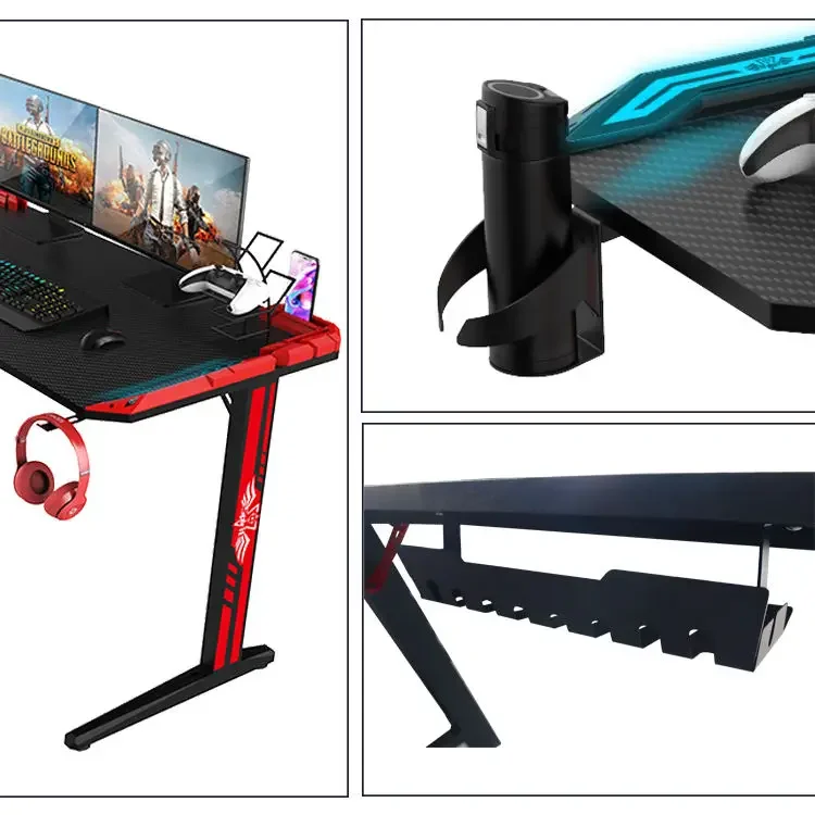 Carbon Fiber Black Cool PC Gaming Table E-sports Computer Gaming Desk RGB Led Light Gaming Desk with Double Headphone Hook