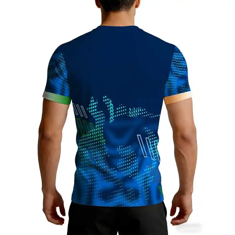 Men's High-Elasticity Quick-Dry Blue Checkered Fitness Short-Sleeve Orange-Green Striped Muscle-Exposing Tight Sports TopTShirt